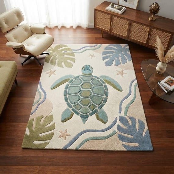 Handmade Turtle Wool Rug, Coastal Sea Life Area Rug, Modern Botanical Nursery Decor, Sage Green Blue Living Room Rug, Custom Size Available