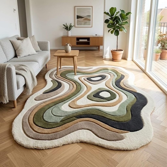 Modern Abstract Wool Rug, Organic Shaped Green & Beige Area Rug, Contemporary 3D Tufted Living Room Rug, Custom Size Available