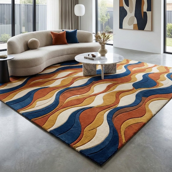 Hand Tufted Wool Wave Rug, Mid Century Abstract Living Room Carpet, Blue Rust Cream