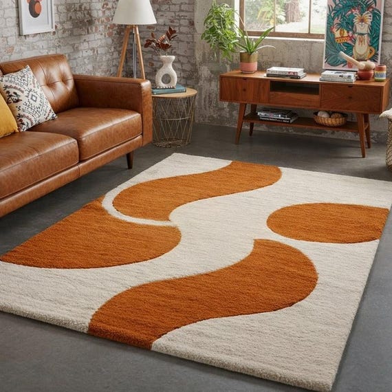 Handwoven Modern Abstract Tufted Area Rug Cream Rust Soft Plush Living Room Decor Carpet