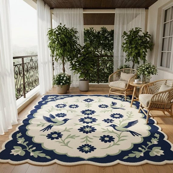 Handmade Bird & Floral Tufted Wool Rug, Scalloped Edge