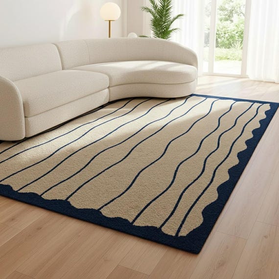 Wavy Line Wool Area Rug Modern Coastal Hand Tufted Beige Navy Blue Luxury Living Room Carpet 8x10 9x12 Large Custom Size