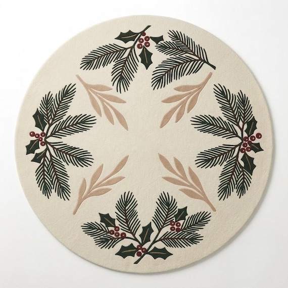 Round Christmas Rug, Hand Tufted Wool Blend Rug, Cream Green Holly Berry Rug for Living Room Bedroom, Festive Decor, Custom Size