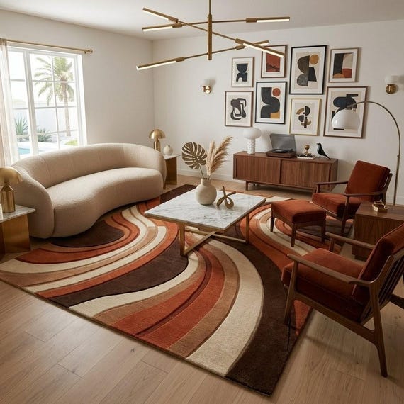 Hand Tufted Wool Rug, Abstract Wavy Mid Century Modern Rust Cream Brown Room Rug