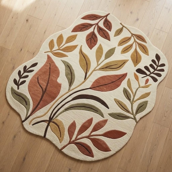 Hand Tufted Wool Rug, Botanical Leaf Area Rug, Organic Shape Carpet, Neutral Living Room Decor, Fall Aesthetic Accent Rug, Custom Size