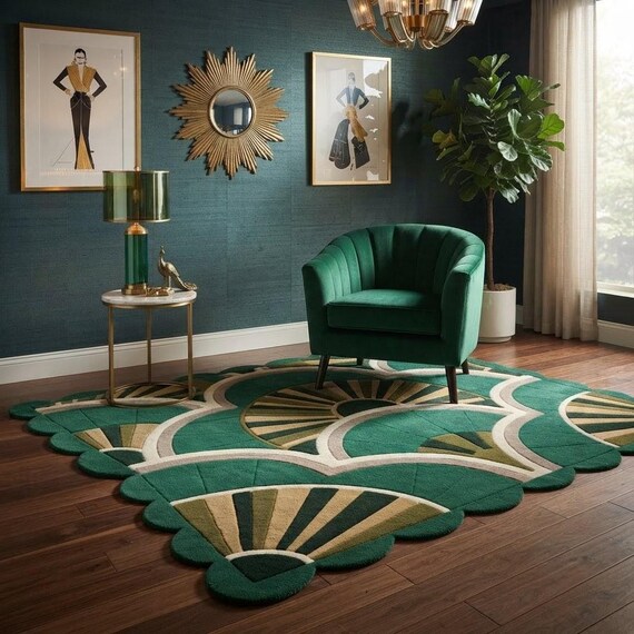Hand Tufted Wool Area Rug, Emerald Green Art Deco Scalloped Rug, Mid Century Modern Carpet for Living Room Bedroom, Custom Size