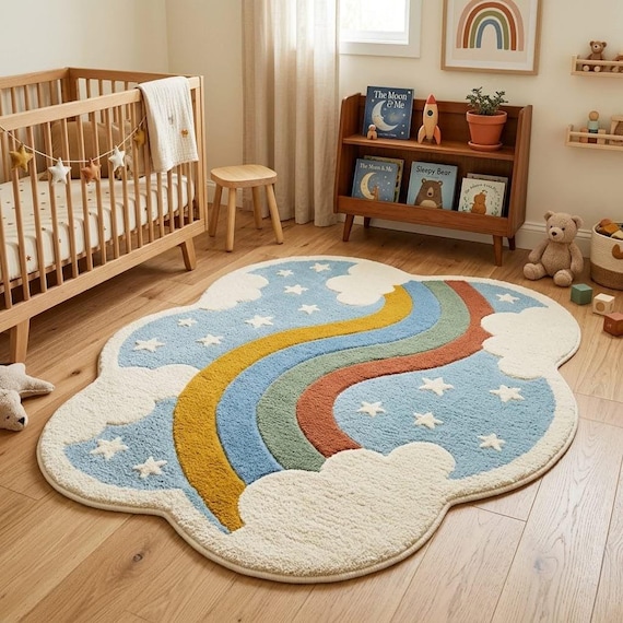 Rainbow Cloud Nursery Rug Hand Tufted Wool Kids Room Rug Soft Pastel Modern Playroom Carpet Baby Room Decor Custom Size