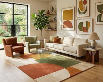 Hand Tufted Wool Area Rug: Mid Century Modern Abstract Terracotta Green Beige Carpet