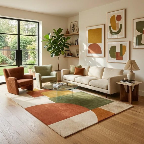 Geometric Area Rug Mid Century Modern Hand Tufted Wool Terracotta Green Beige Abstract Luxury Carpet Custom Sizes 8x10 9x12