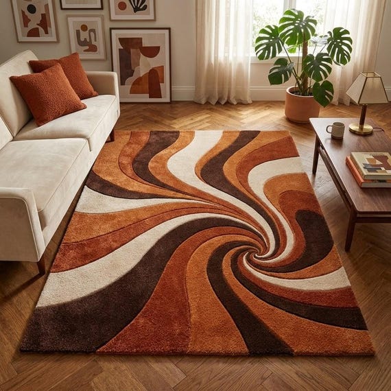 Mid Century Modern Abstract Rug, Burnt Orange Brown Swirl Rug, Hand Tufted Wool Area Rug for Living Room, Retro Carpet Custom Size