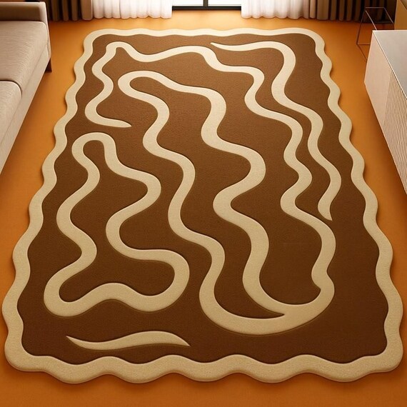 Hand-Tufted Wool Area Rug – Brown Beige Wavy Design