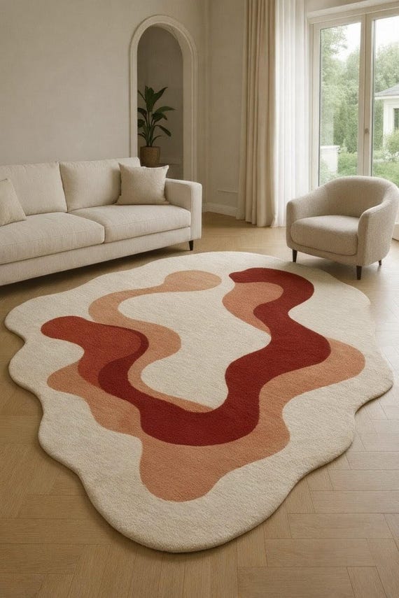 Abstract Wavy Area Rug Handmade Soft Wool Carpet Modern Boho Living Room Decor Home