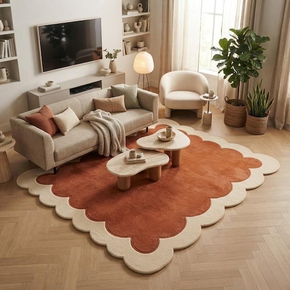 Scalloped Wool Rug, Terracotta and Cream Modern Area Rug, Minimalist Aesthetic Tufted Floor Mat, Living Room & Bedroom Decor, Custom Sizes