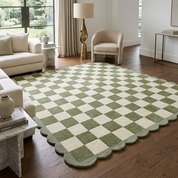Sage Green Checkered Rug Scalloped Edge Wool Area Rug Modern Minimalist Checkerboard Rug Custom Size Rug for Living Room Bedroom Nursery