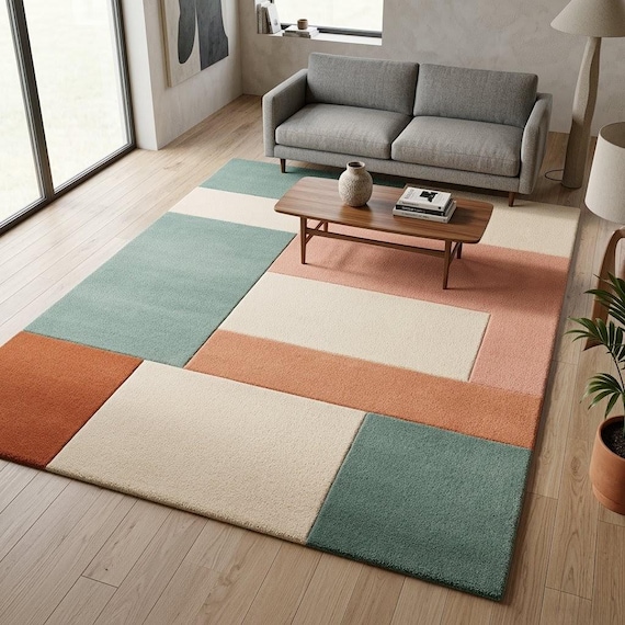 Geometric Mid Century Modern Wool Rug, Hand Tufted Color Block Area Rug, Terracotta Sage Cream Living Room Rug 8x10 9x12 Custom Size