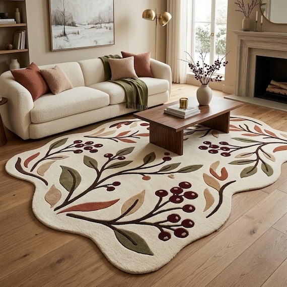 Hand Tufted Wool Rug, Botanical Floral Area Rug, Organic Shape Accent Rug, Modern Living Room Decor, Aesthetic Bedroom Rug, Custom Size
