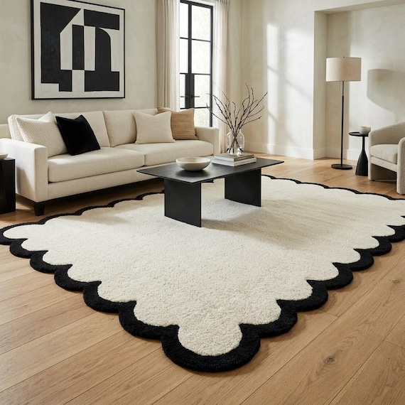 Black and White Scalloped Wool Rug, Modern Minimalist Living Room Rug, Hand Tufted Scallop Edge Area Rug, Aesthetic Bedroom Decor, 8x10