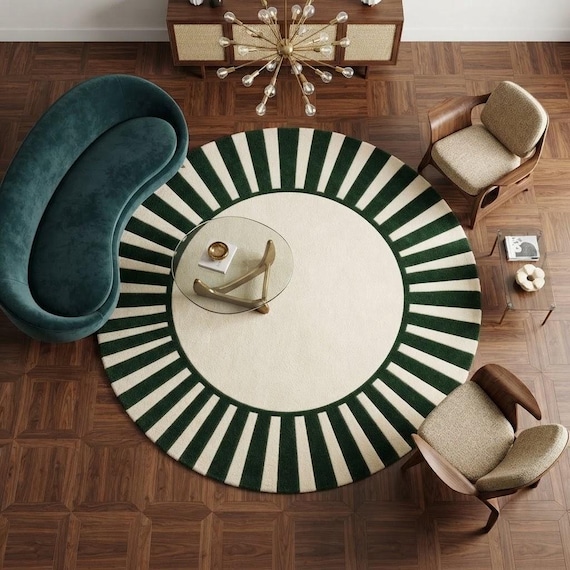 Round Green and Cream Wool Rug - Handmade Sunburst Design Mid Century Modern Area Rug for Living Room, Bedroom, Nursery - Custom Sizes
