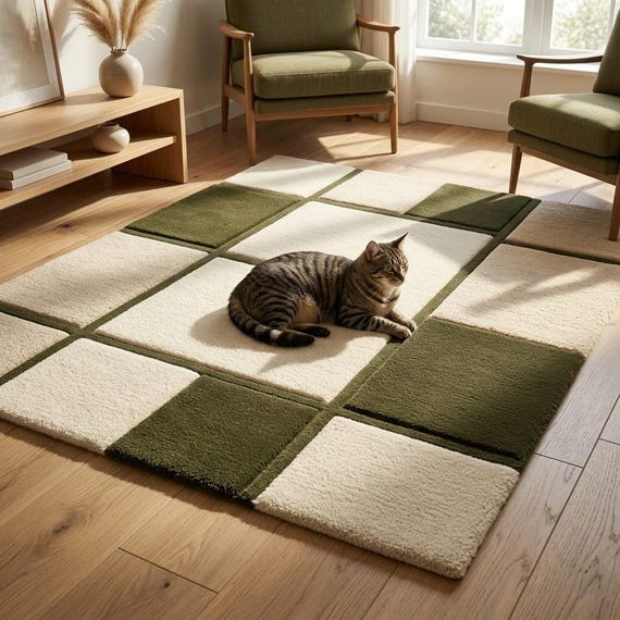 Hand Tufted Checkered Wool Rug, Modern Olive Green & Ivory Geometric Area Rug, Minimalist Living Room Carpet, Custom Size Available