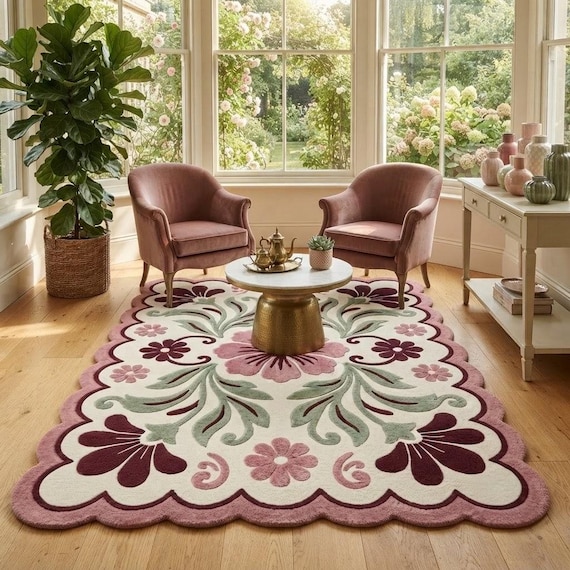 Hand Tufted Wool Rug with Scalloped Edge | Floral Area Rug | Modern Botanical Floor Art | Pink & Burgundy Rug for Living Room or Bedroom