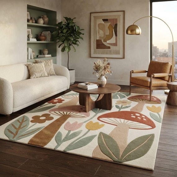 Mushroom Floral Rug, Hand Tufted Wool Blend Rug, Cottagecore Nursery Decor, Modern Nature Rug for Living Room, Custom Size