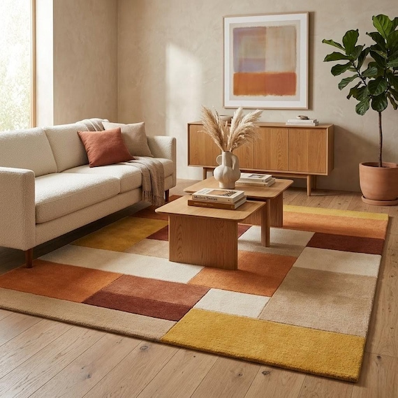 Mid Century Modern Geometric Rug, Warm Terracotta Beige Mustard Wool Rug, Hand Tufted Abstract Area Rug for Living Room Bedroom Custom Size