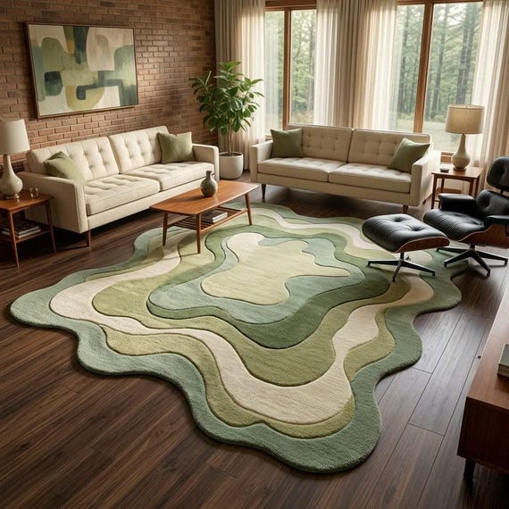 Organic Shape Handmade Wool Rug, Modern Green Tufted Area Rug, Japandi Sculpted Rug, Luxury Abstract Carpet, Custom Size 8x10 9x12