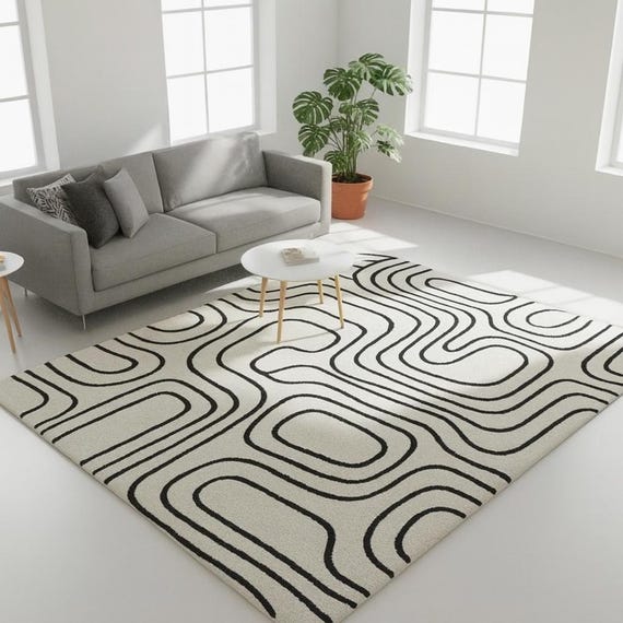 Handmade Wool Area Rug | Abstract Black Line, Scandinavian Design