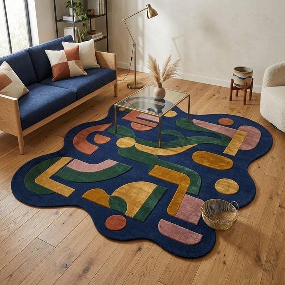 Abstract Hand Tufted Wool Rug, Mid Century Organic Shape, Navy Blue Living Room