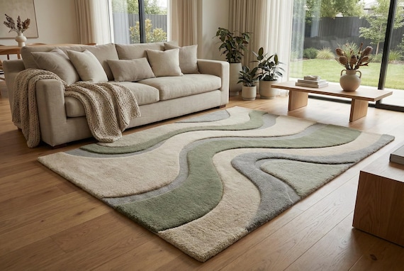 Hand Tufted Wool Area Rug: Sage Green Wavy Design, Plush Cozy Decor