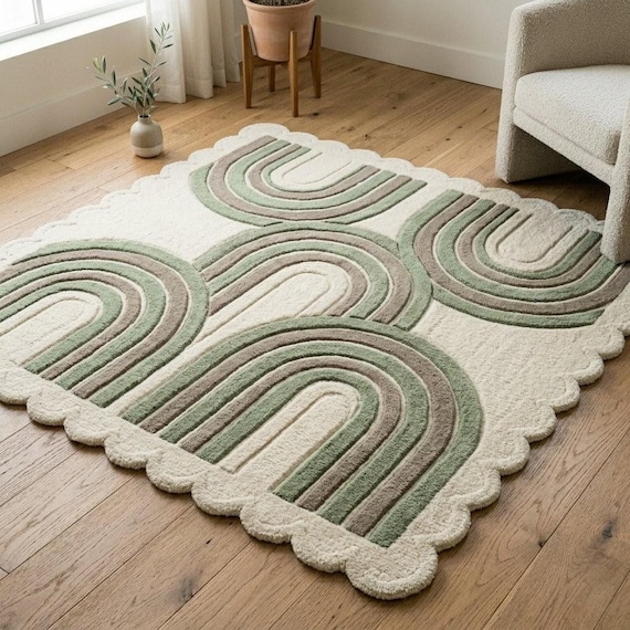 Sage Green Tufted Rug, Modern Scalloped Area Rug, Aesthetic Minimalist Wool Floor Mat, Contemporary Abstract Living Room Decor, Custom Size