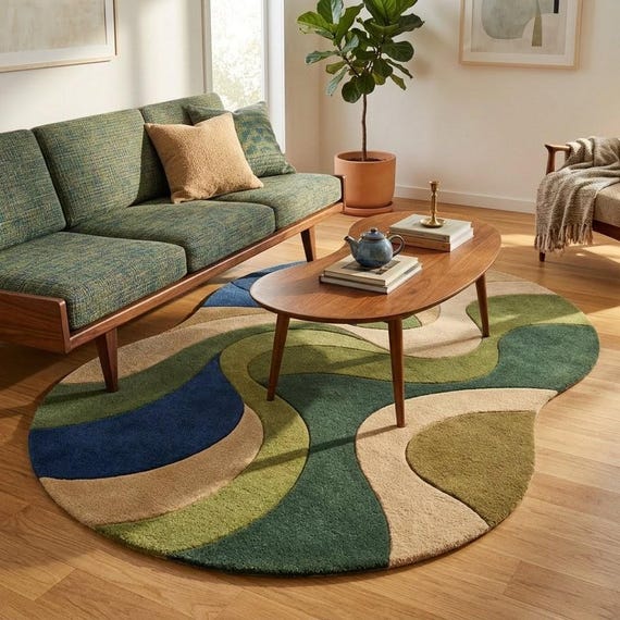 Abstract Mid Century Modern Rug Hand Tufted New Zealand Wool Green Blue Organic Shape Area Rug Plush Luxury Living Room Decor 8x10 Custom