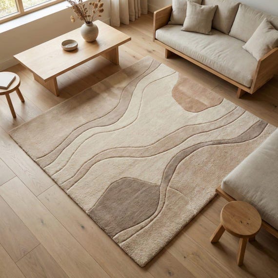 Hand Tufted Wool Area Rug: Abstract Beige Cream Plush Carpet