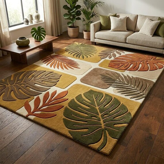 Handmade Tropical Leaf Rug, Organic Modern Wool Area Rug, Sculpted Botanical Carpet, Boho Living Room Rug, 8x10 9x12 Custom