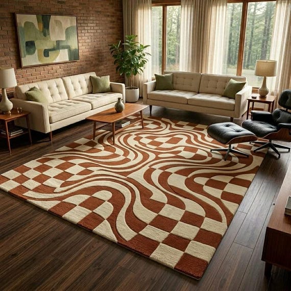 Hand-tufted Wool Checkerboard Rug, Mid Century Modern Organic Carpet