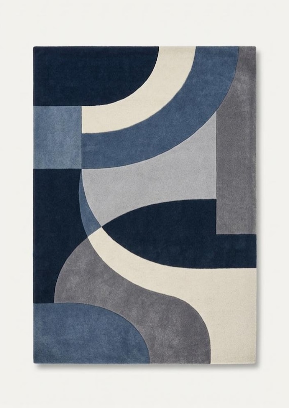 Modern Abstract Blue Wool Rug, Hand Tufted Geometric Mid Century Carpet, Navy Beige Minimalist Living Room Rug Custom Size
