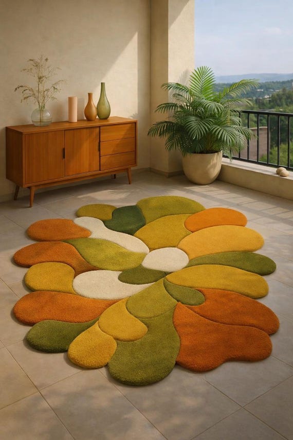 Handmade Abstract Organic Shape Rug, Modern Boho Carpet in Earthy Green Yellow Tones