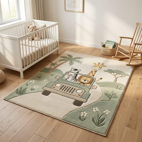 Safari Nursery Rug, Hand Tufted Wool Kids Rug in Sage Green, Jungle Animal Nursery Decor for Playroom, Custom Size Available