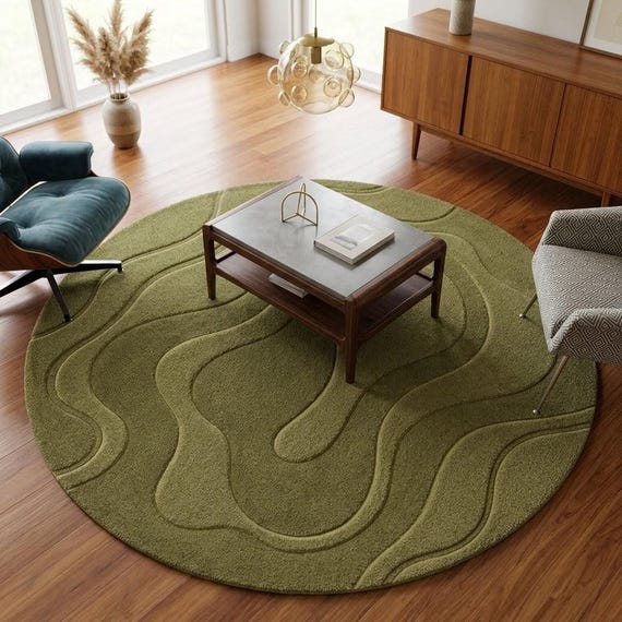 Olive Green Hand Tufted Wool Round Rug, Sculpted Modern Japandi Carpet