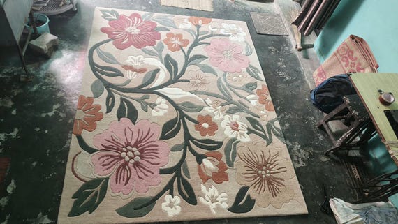 Hand Tufted Wool Floral Rug, Neutral Botanical Boho Carpet, Soft Plush Living Room Carpet
