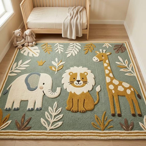 Safari Animal Kids Rug, Jungle Nursery Rug, Hand Tufted Wool Area Rug, Lion Giraffe Elephant Carpet, Kids Room Decor, Custom Size