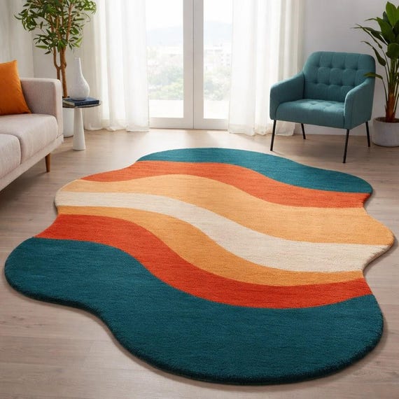 Modern Abstract Wavy Area Rug, Handmade Soft Plush Carpet for Living Room Decor