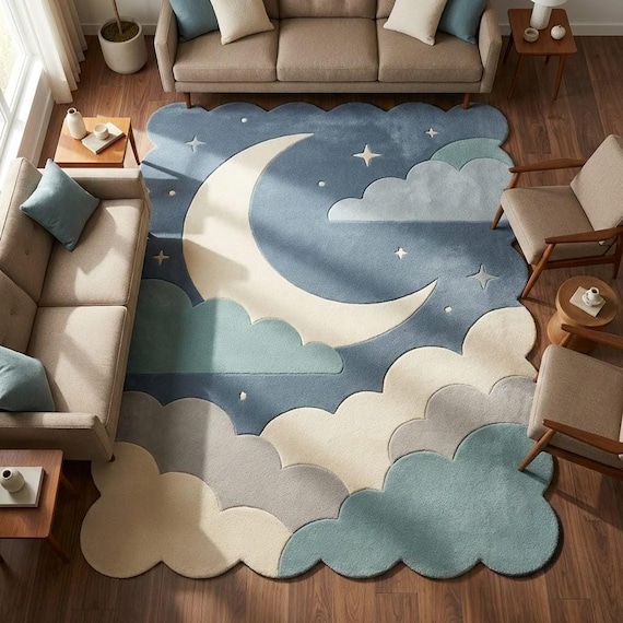 Moon Cloud Rug Blue Nursery Rug Hand Tufted Wool Area Rug Kids Room Decor Modern Scandinavian Soft Carpet Custom Size Available