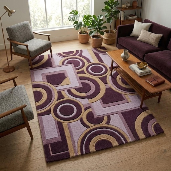 Plum Geometric Handmade Rug, Mid Century Modern Wool Rug, Luxury Hand Tufted Area Rug, Modern Purple Carpet, 8x10 9x12 Custom