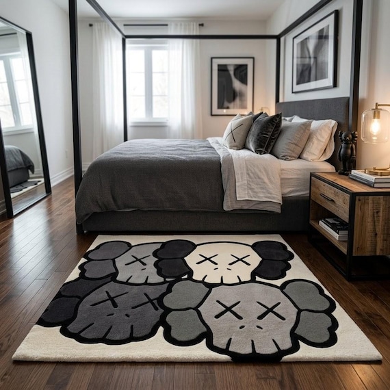 Hand Tufted Cartoon Face Rug, Black Grey Cream Wool Rug, Modern Designer Area Carpet for Bedroom Living Room, Custom Size Available