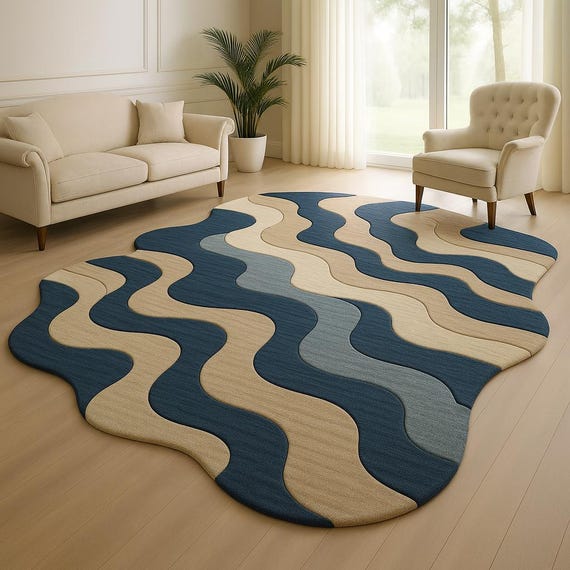 Hand-Tufted Wool Area Rug | Modern Ocean Wave Design