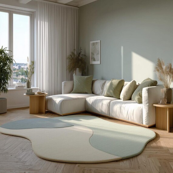 Abstract Wool Area Rug Mid Century Modern Tufted Green Cream Organic Shape Luxury Living Room 8x10 9x12 Custom Size