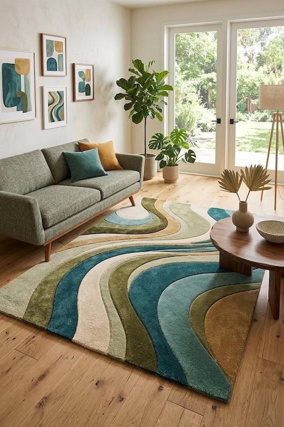 Abstract Wool Area Rug Mid Century Modern Green Teal Handmade Tufted Luxury Plush Living Room Rug Custom Size 8x10 9x12