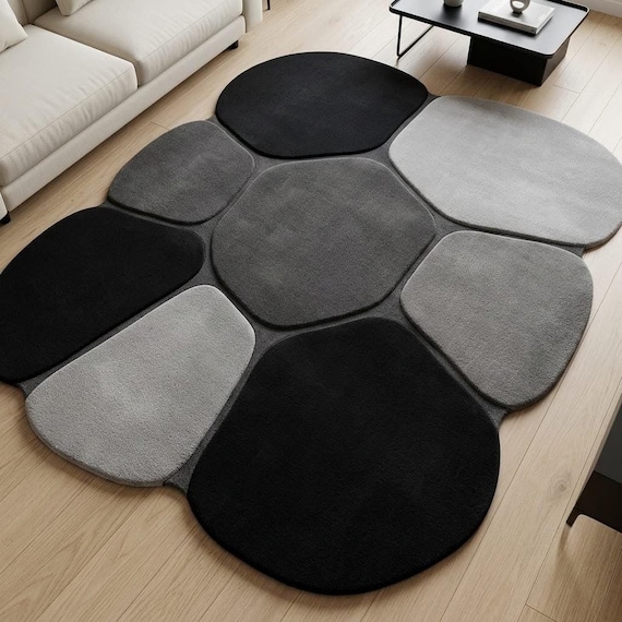 Modern Pebble Area Rug, Minimalist Black and Grey Wool Carpet, Abstract Organic Shape Floor Mat for Living Room or Bedroom - Custom Size