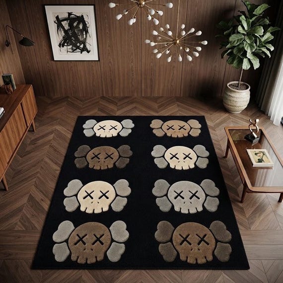 Hand Tufted Skull Area Rug, Modern Streetwear Wool Carpet, Black Beige Graphic Living Room Rug, Hype Decor, Custom Size Available